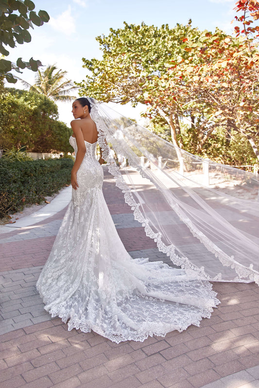 Model wearing a stunning mermaid silhouette dress with an open back and lace details, showcasing a long train and veil.