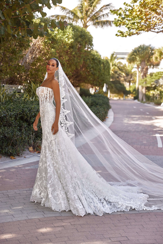Stunning model wearing mermaid silhouette dress with lace details and a long veil, outdoors on a sunny day.