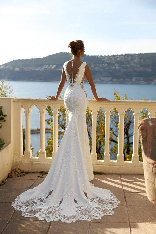 Batty Fitted Stretch Satin Dress With Lace Embroidered Beads - violetta - bridal