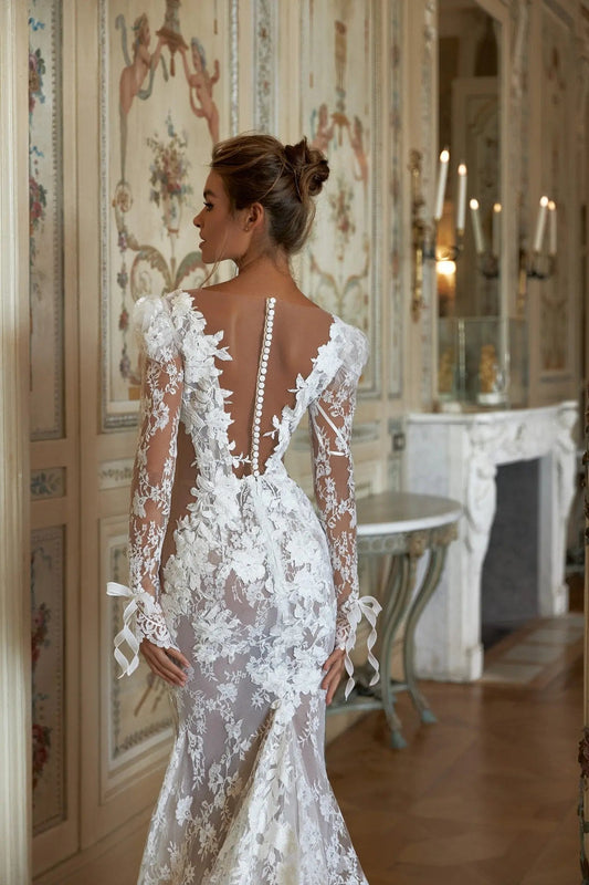 Britney Chantilly Lace Fitted Dress With Long Sleeves 50cm - violetta - bridal