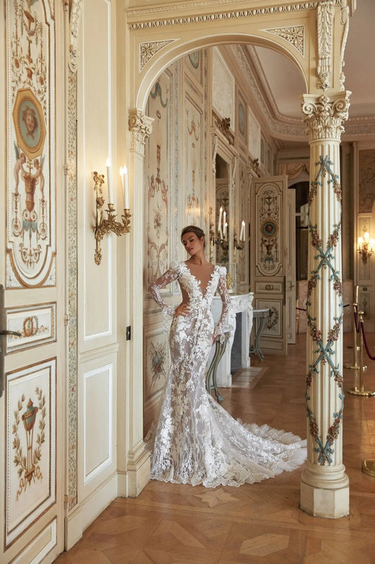 Britney Chantilly Lace Fitted Dress With Long Sleeves 50cm - violetta - bridal