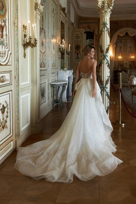 Edison Fitted Lace Dress With Open Back Detachable Overskirt - violetta - bridal