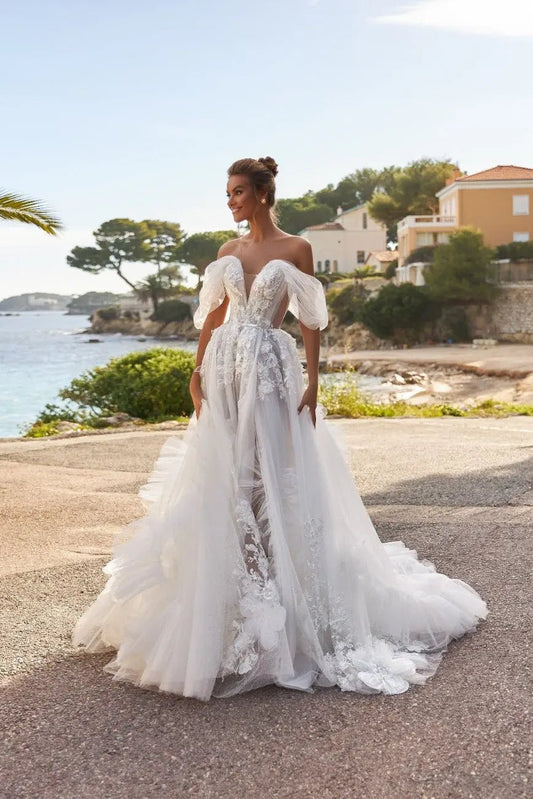 Megan A Line dress with lace appliques and draped lowered straps - violetta - bridal