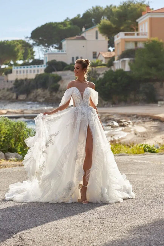 Megan A Line dress with lace appliques and draped lowered straps - violetta - bridal