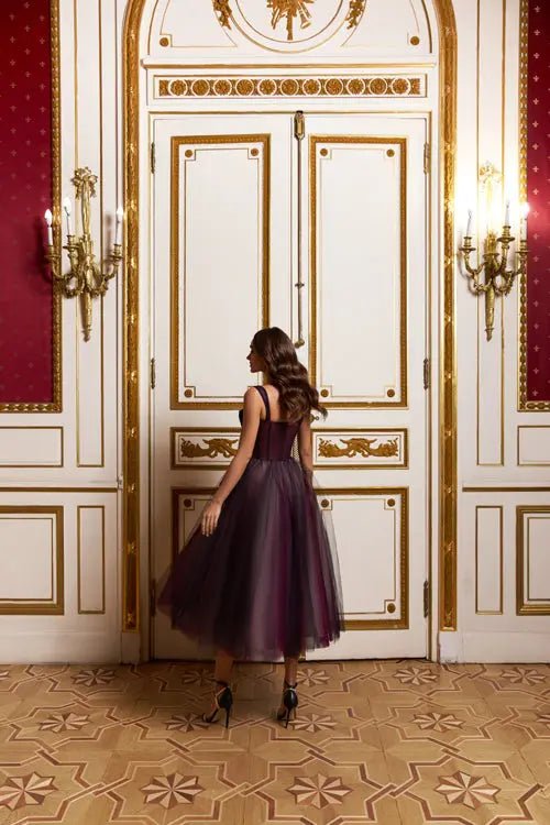 Model Number 2326 plum tea - length gown - violetta - bridal