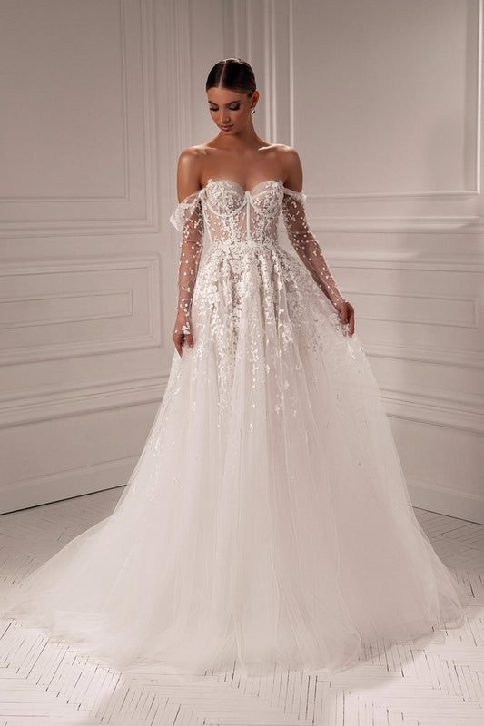 Nancy A - line lace dress with detachable sleeves - violetta - bridal