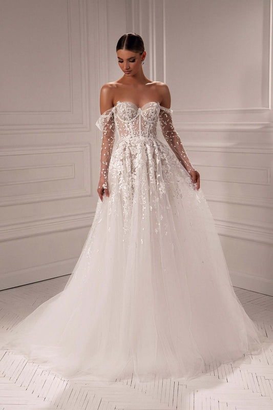 Nancy A - line lace dress with detachable sleeves - violetta - bridal