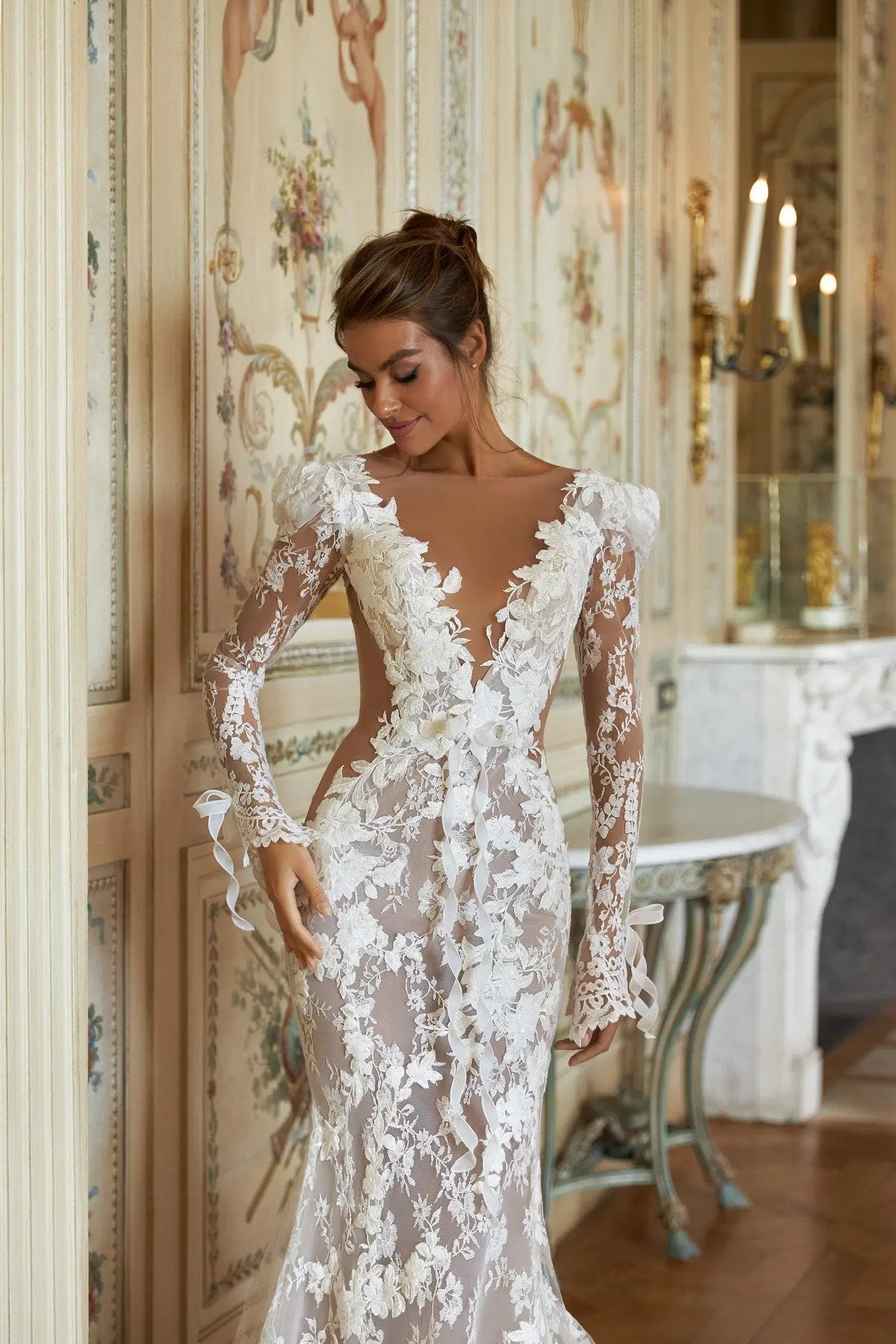 Britney Chantilly Lace Fitted Dress With Long Sleeves 50cm - violetta - bridal