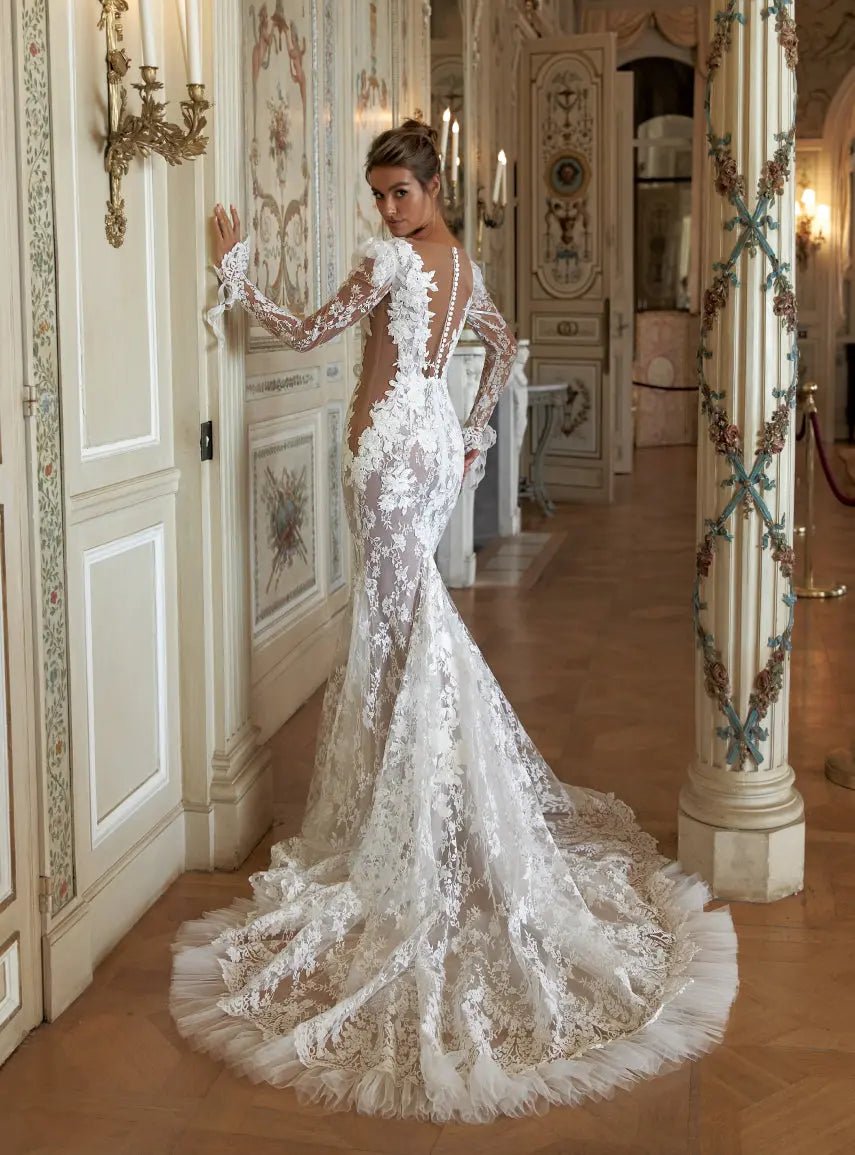 Britney Chantilly Lace Fitted Dress With Long Sleeves 50cm - violetta - bridal