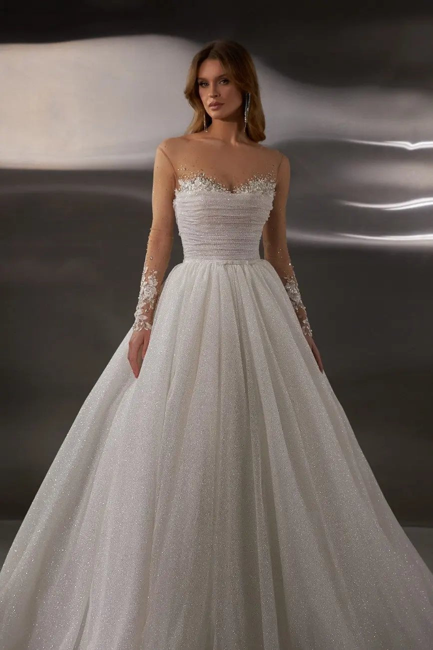 Camilla Ball Gown Wedding Dress Open Back Lace Crystals - violetta - bridal