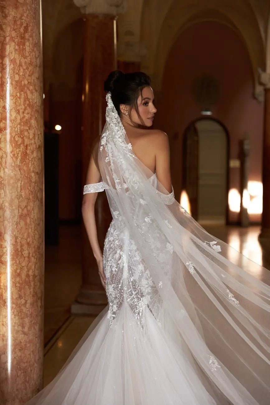 Caroline Fitted Lace Tulle Dress Open Back Zipper 50cm - violetta - bridal