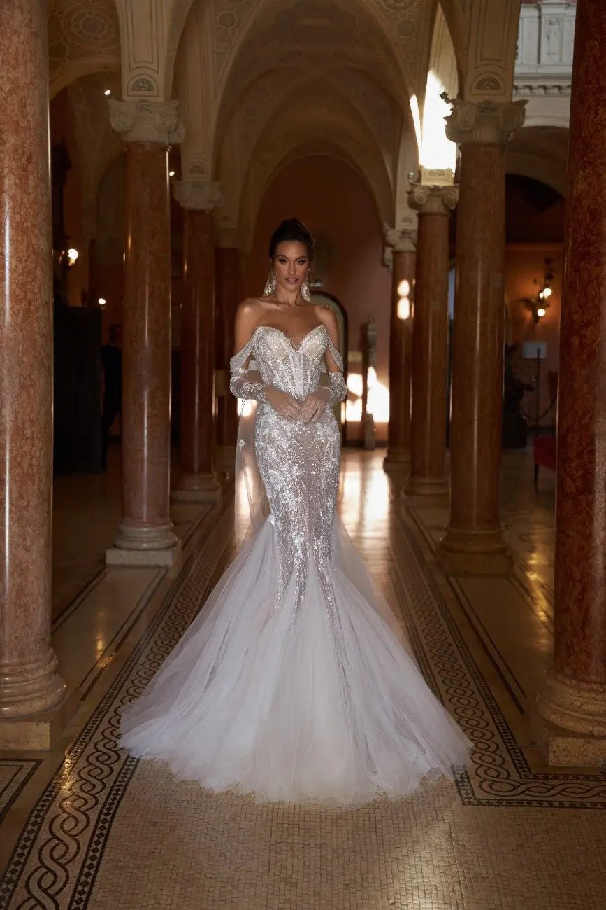 Caroline Fitted Lace Tulle Dress Open Back Zipper 50cm - violetta - bridal