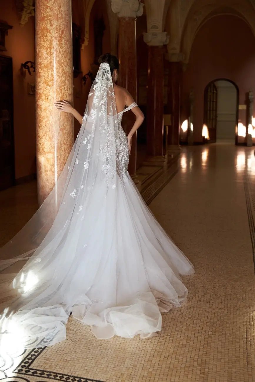 Caroline Fitted Lace Tulle Dress Open Back Zipper 50cm - violetta - bridal