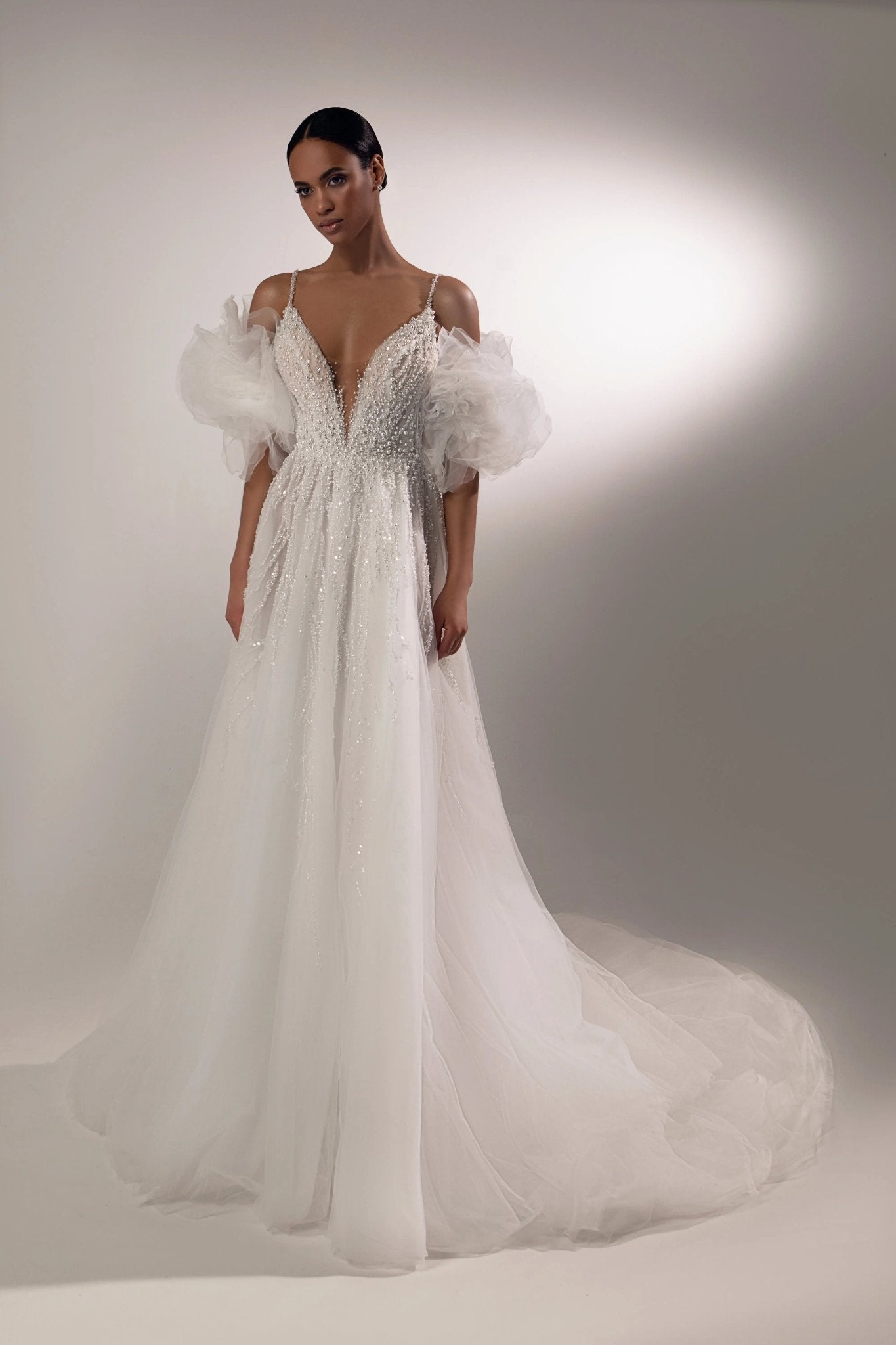 Claire A Line Dress With Detachable Sleeves Open Back Lace - violetta - bridal