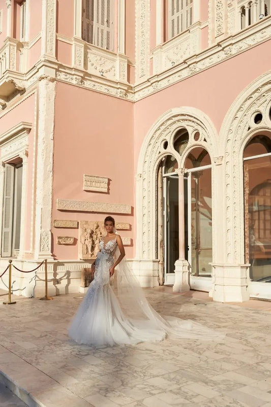 Darcia Mermaid Dress With Lace Appliques Beads And Pearls - violetta - bridal