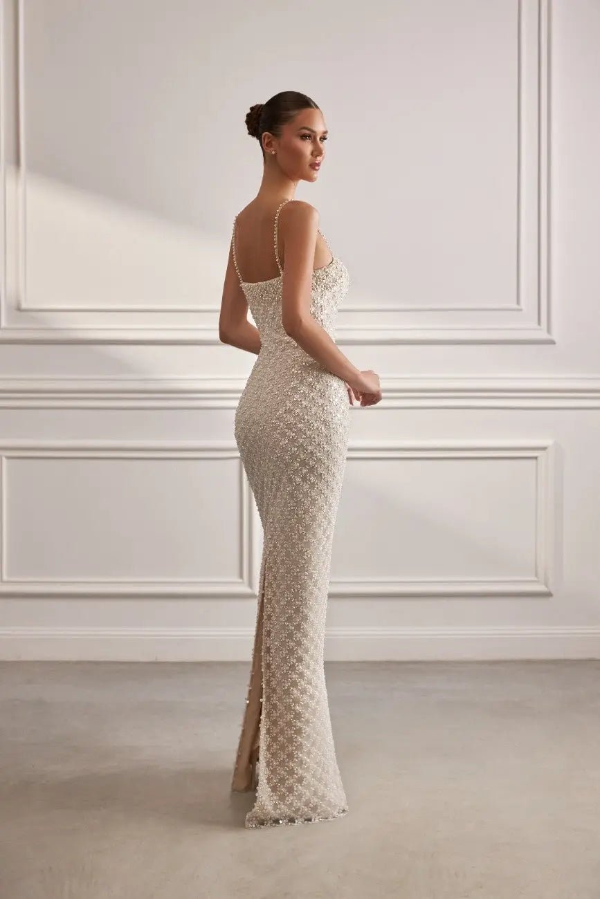 Demi Sheath Dress With Overskirt Embroidered Pearls Sequins - violetta - bridal