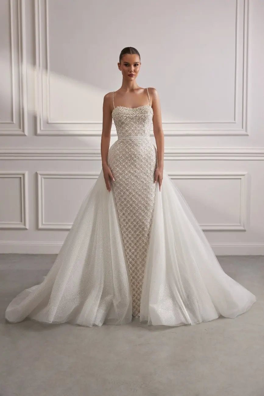 Demi Sheath Dress With Overskirt Embroidered Pearls Sequins - violetta - bridal