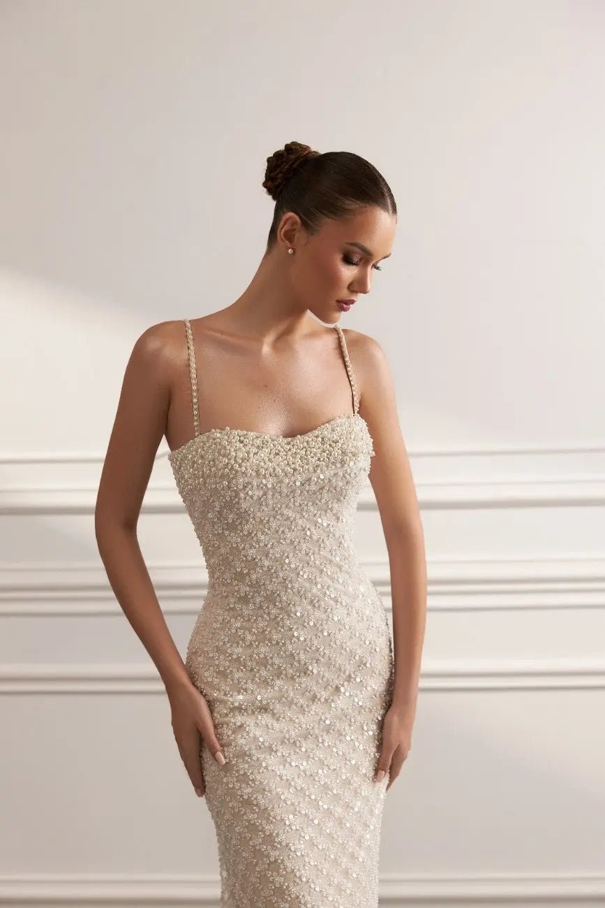Demi Sheath Dress With Overskirt Embroidered Pearls Sequins - violetta - bridal