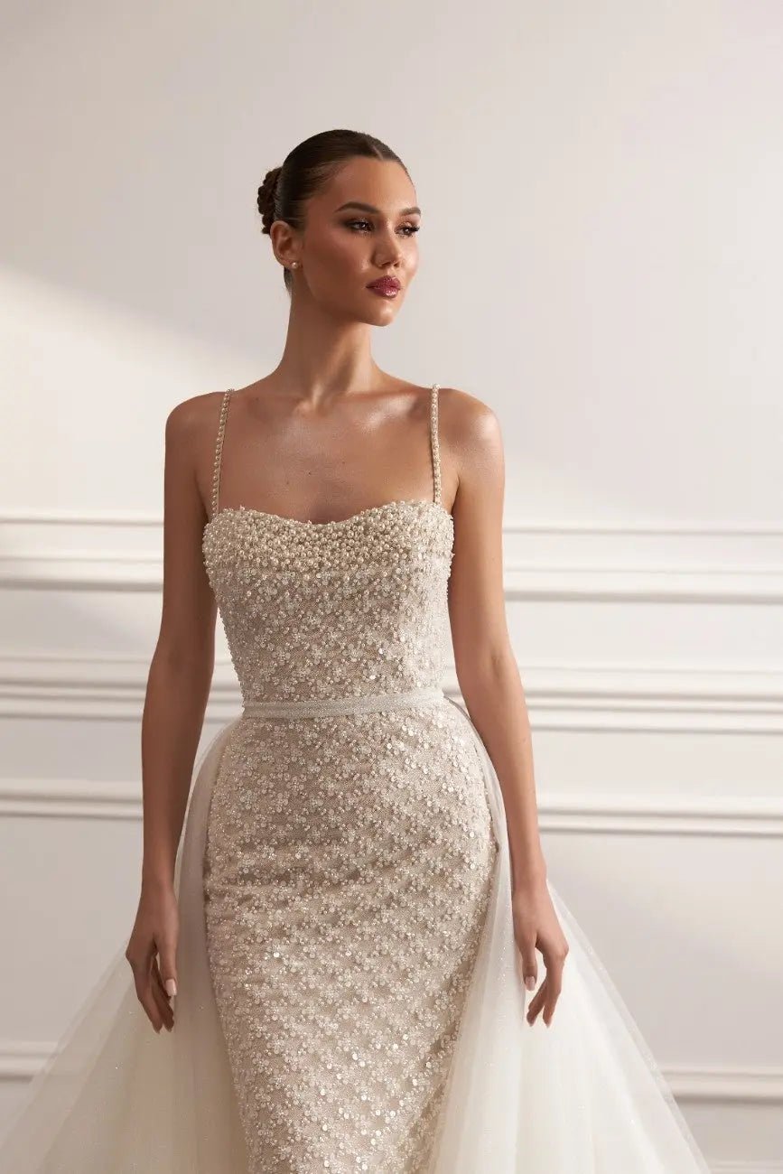 Demi Sheath Dress With Overskirt Embroidered Pearls Sequins - violetta - bridal