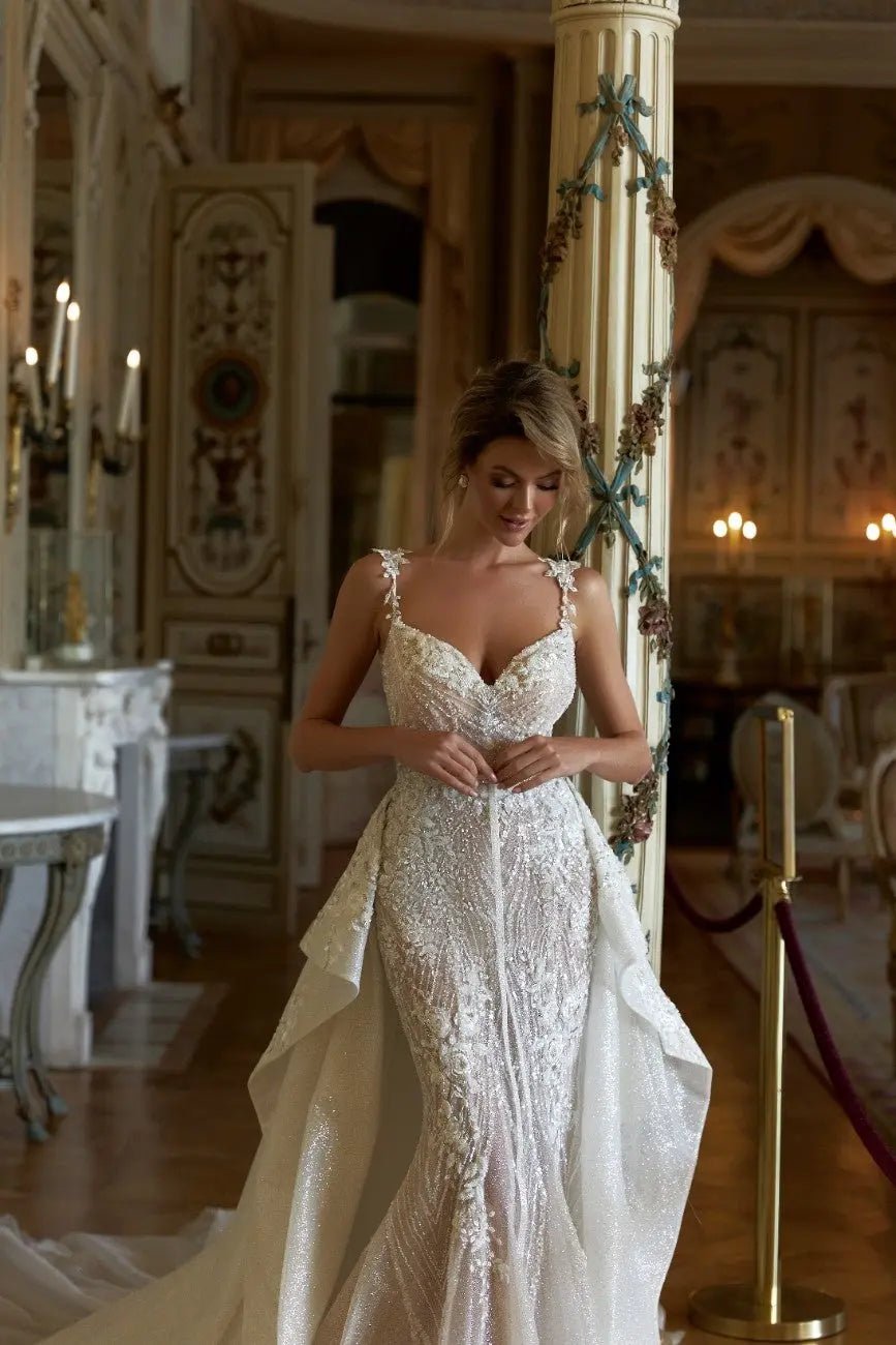 Edison Fitted Lace Dress With Open Back Detachable Overskirt - violetta - bridal