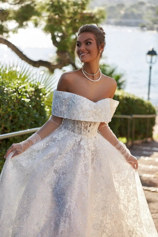 Evelyn lace and glitter A Line wedding dress - violetta - bridal