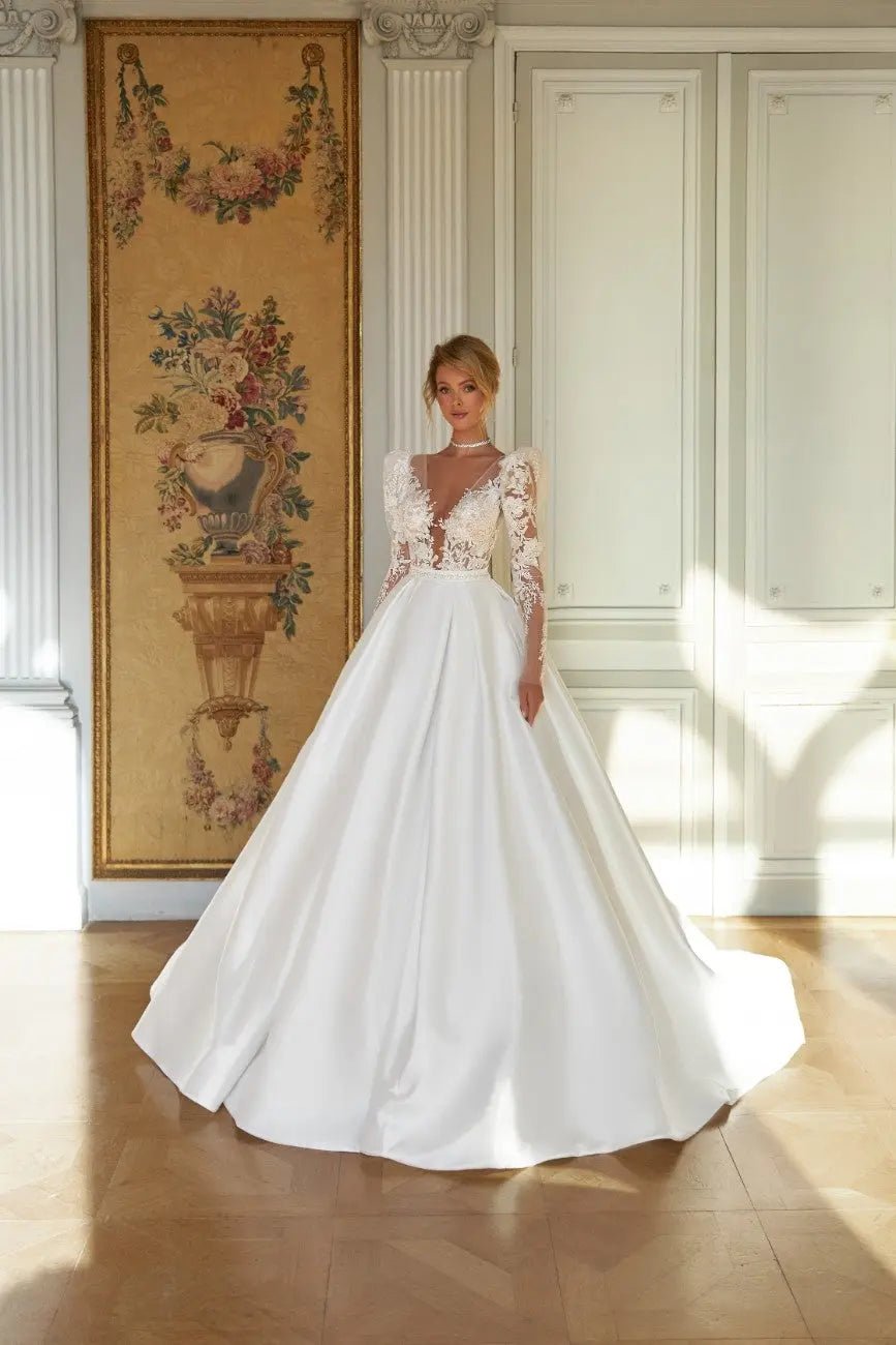 Jessie A Line wedding dress with lace appliques - violetta - bridal