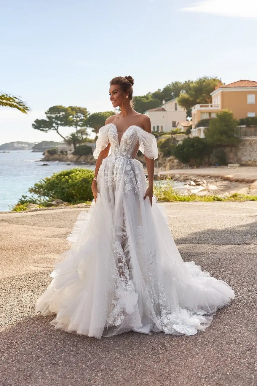 Megan A Line dress with lace appliques and draped lowered straps - violetta - bridal