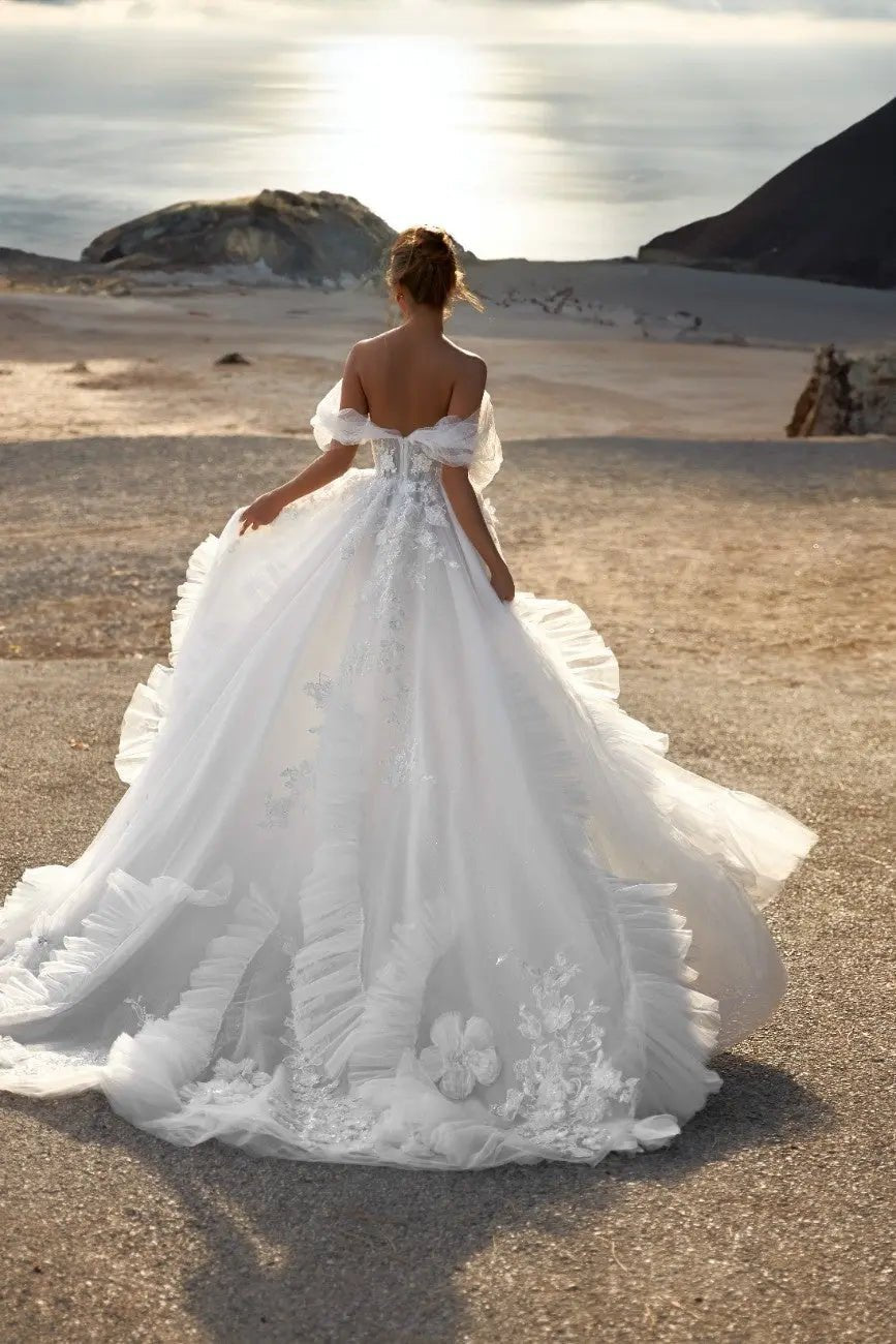 Megan A Line dress with lace appliques and draped lowered straps - violetta - bridal