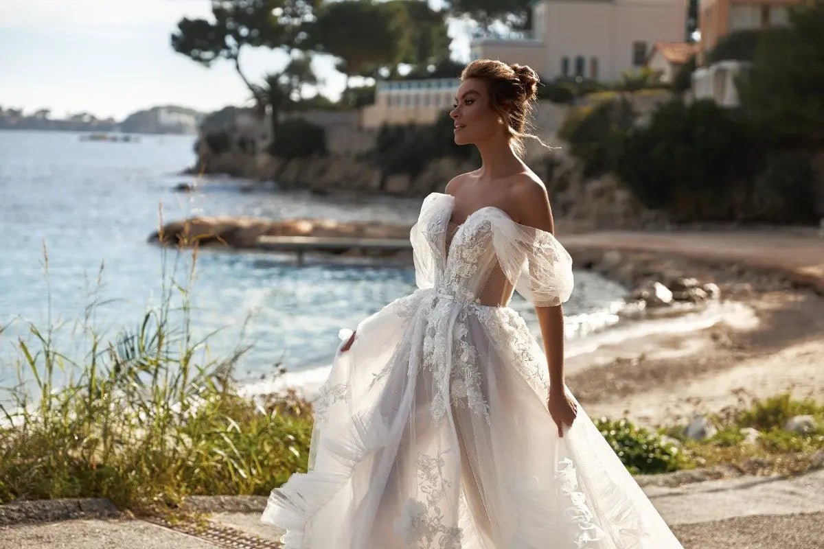 Megan A Line dress with lace appliques and draped lowered straps - violetta - bridal