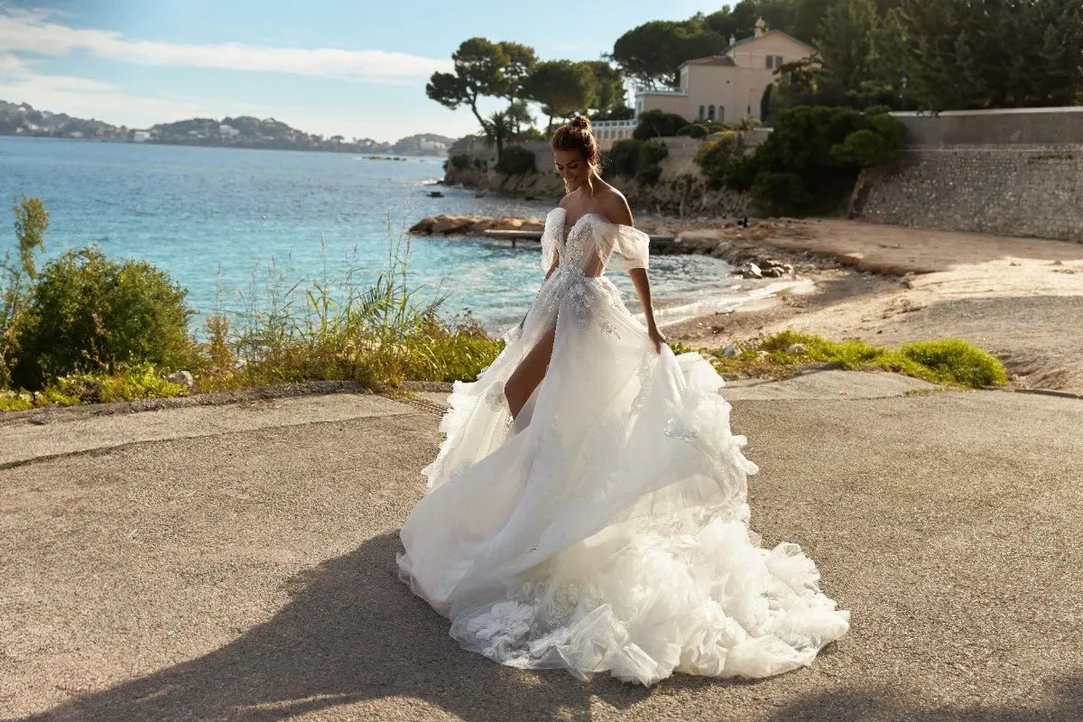 Megan A Line dress with lace appliques and draped lowered straps - violetta - bridal