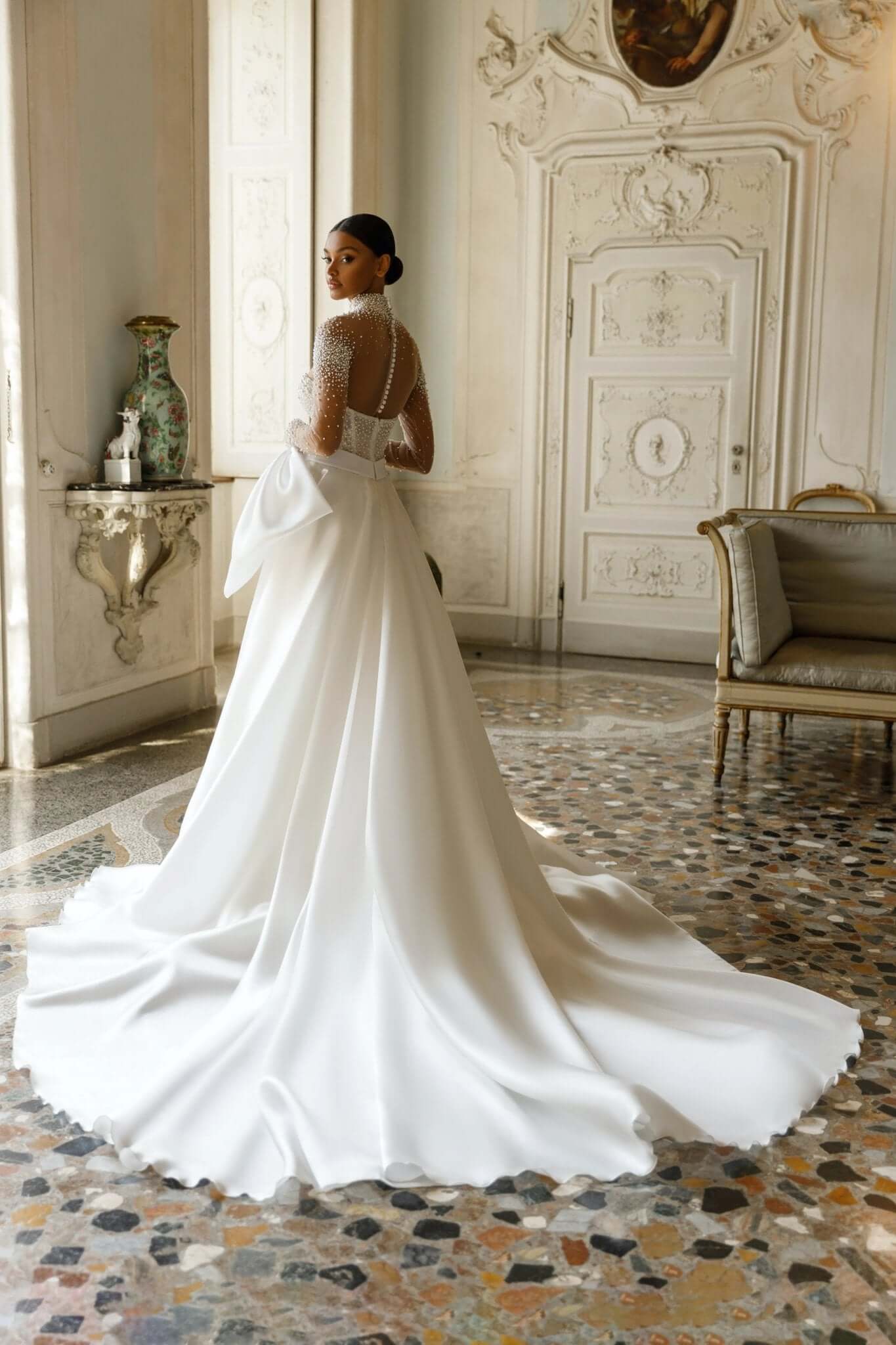 dramatic lace wedding dresses Low back wedding dress with beaded lace