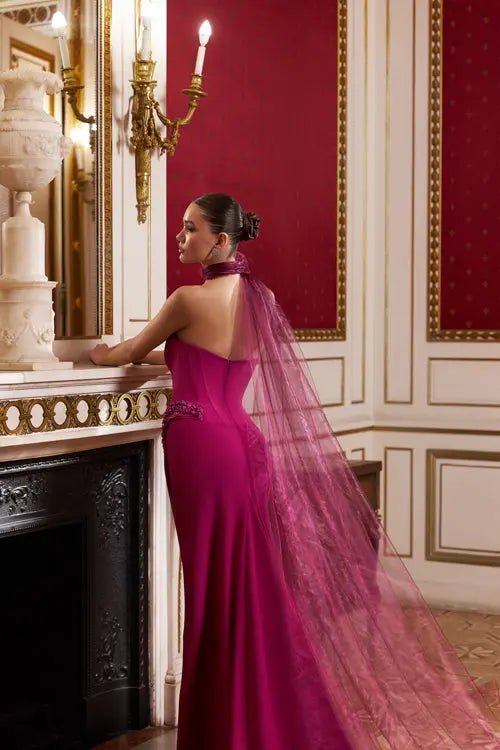 Model Number 2322 fuchsia evening gown with thigh - high slit - violetta - bridal