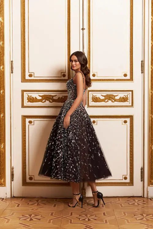 Model Number 2324 black midi gown with silver embellishments - violetta - bridal