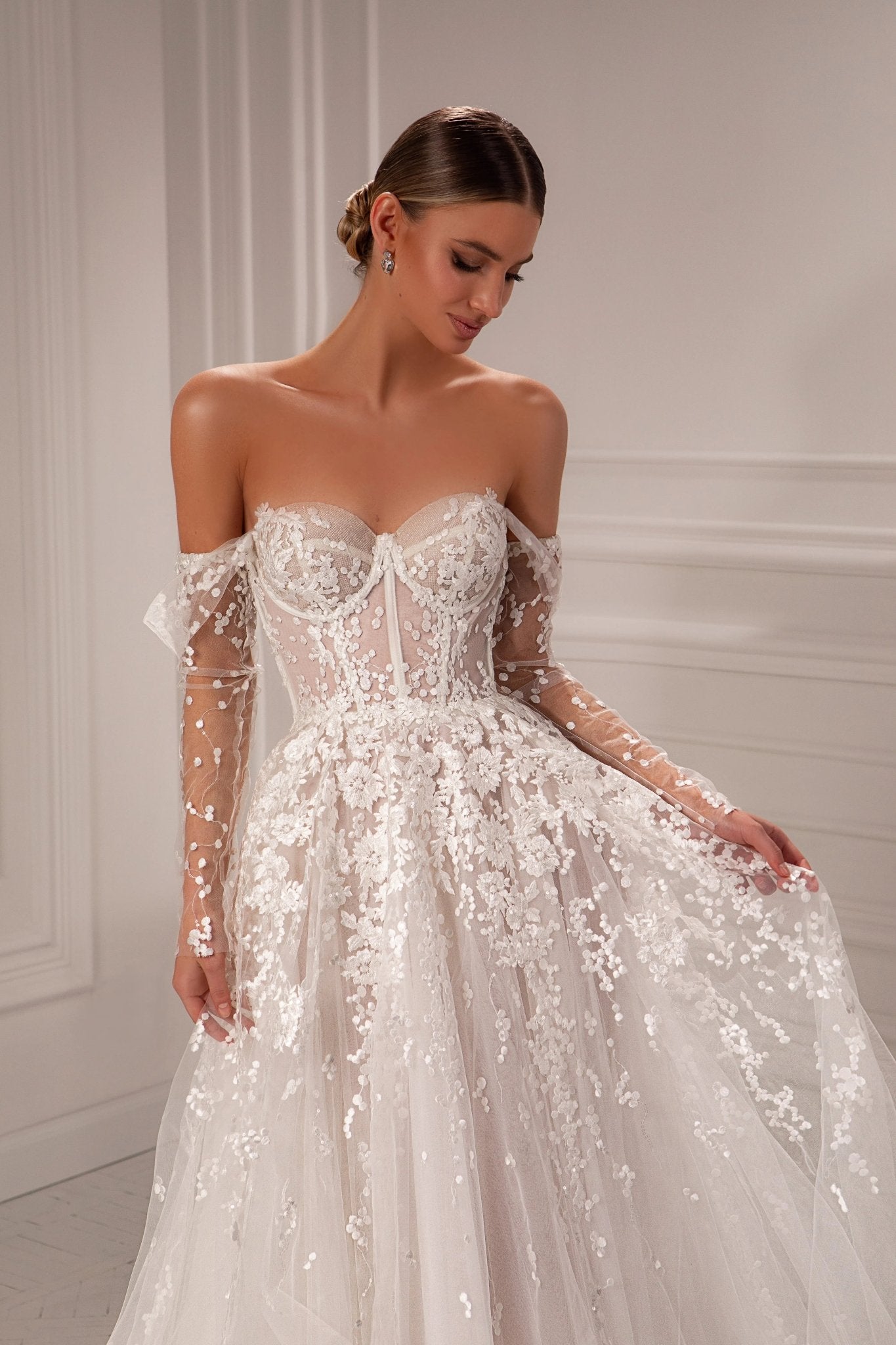 Nancy A - line lace dress with detachable sleeves - violetta - bridal