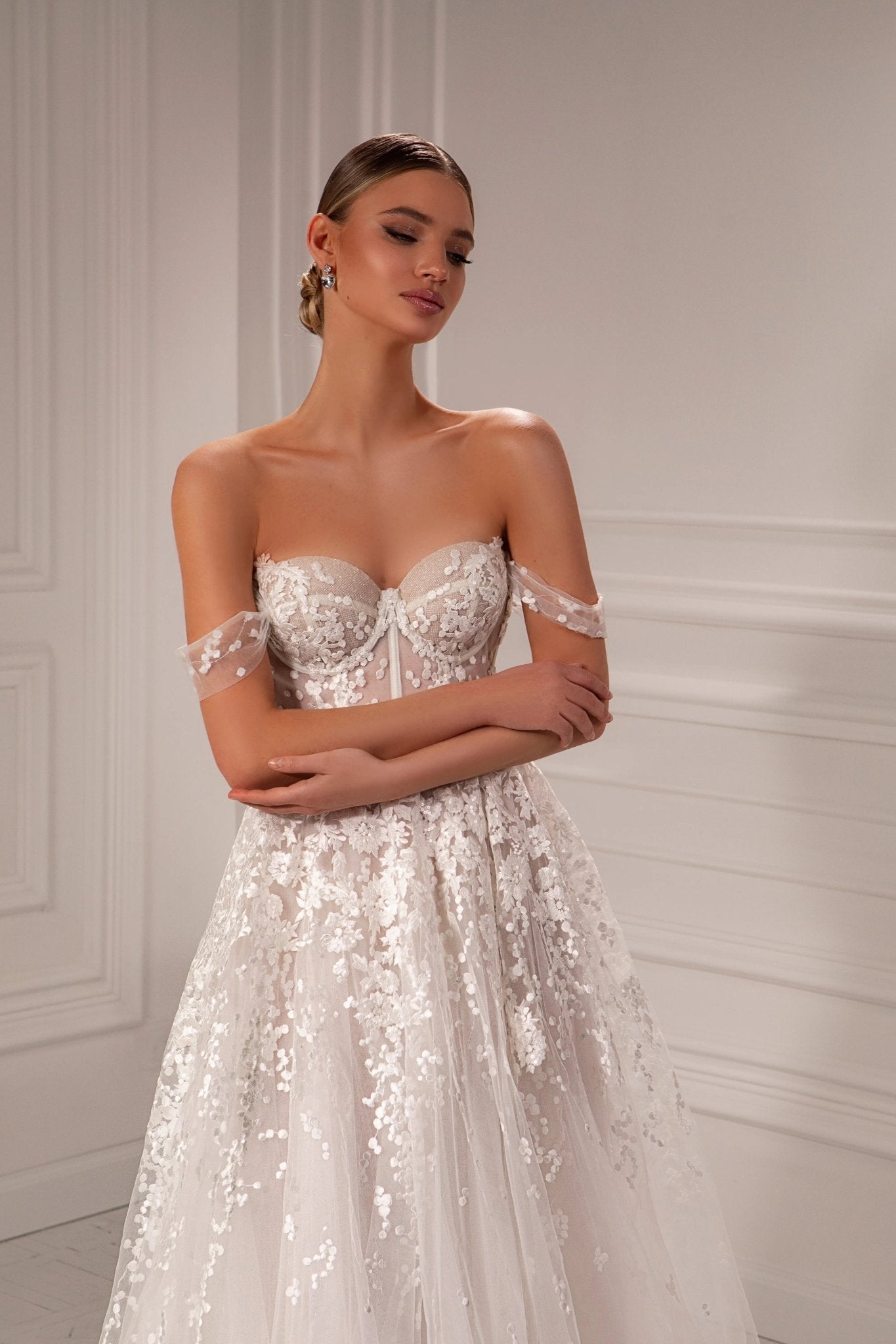 Nancy A - line lace dress with detachable sleeves - violetta - bridal