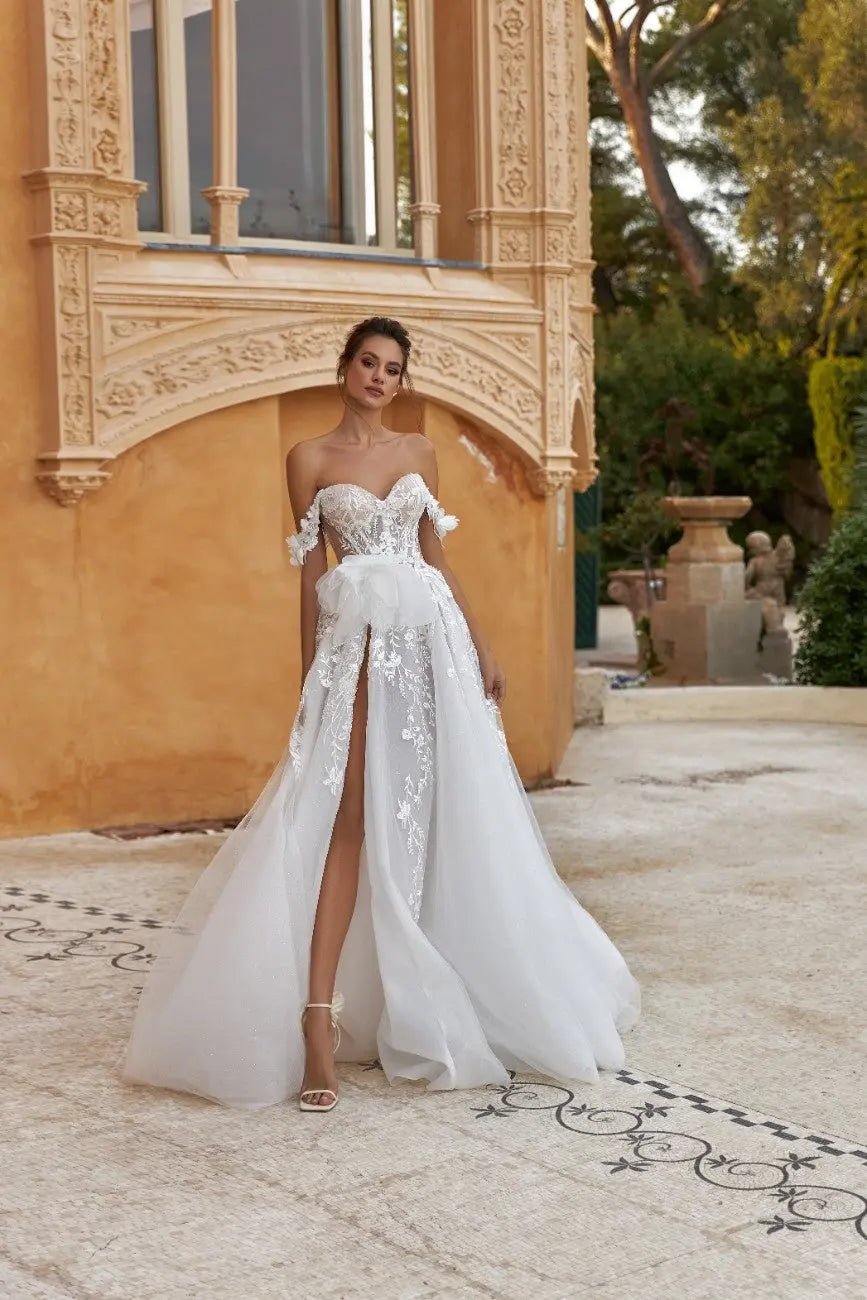 Paige A Line wrap dress with lace appliques - violetta - bridal