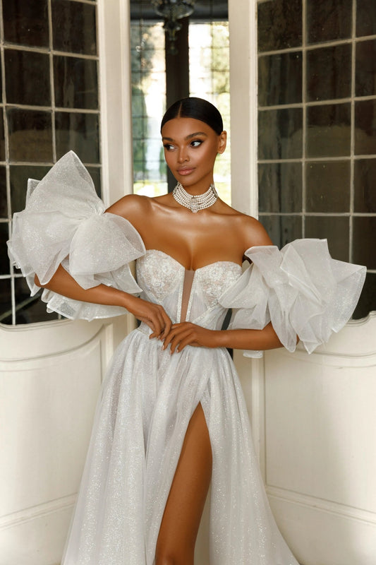 Piera A - line dress with detachable puff sleeves - violetta - bridal