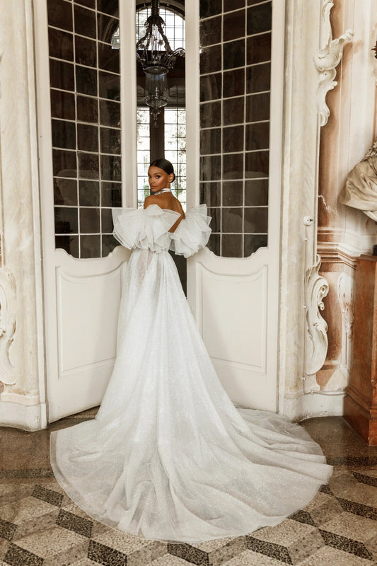 Piera A - line dress with detachable puff sleeves - violetta - bridal