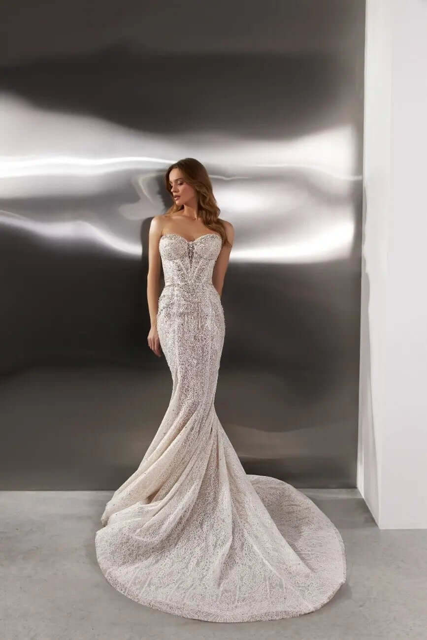 fitted silhouette wedding dress Strapless Crepe Bridal Gown With Button Detail Train JB49077
